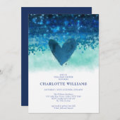 ネイビーブルーかわいいハート水色男の赤ちゃんシャワー 招待状 (正面/裏面)