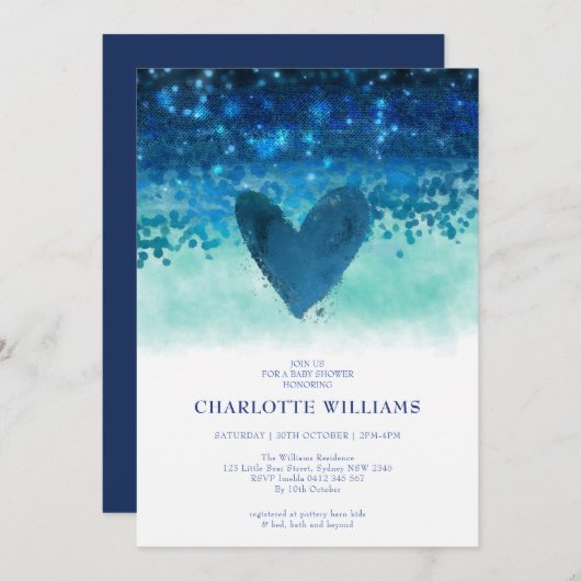 ネイビーブルーかわいいハート水色男の赤ちゃんシャワー 招待状 (正面/裏面)