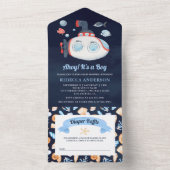 ネイビーブルーかわいい潜水艦航海の赤ちゃんシャワー オールインワン招待状 (内側)