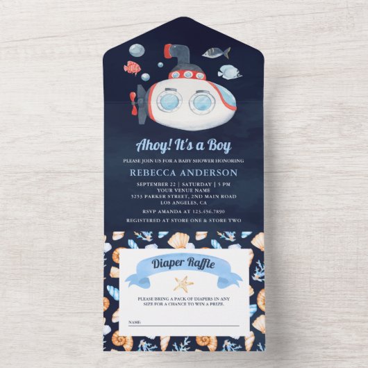 ネイビーブルーかわいい潜水艦航海の赤ちゃんシャワー オールインワン招待状 (内側)