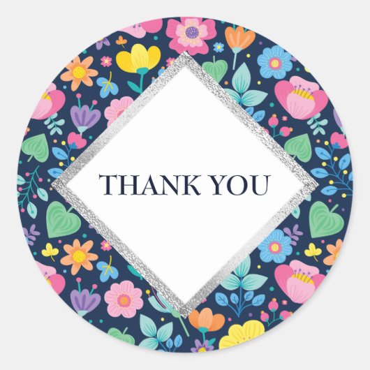 ネイビーブルーかわいい花ありがとうステッカー ラウンドシール (正面)