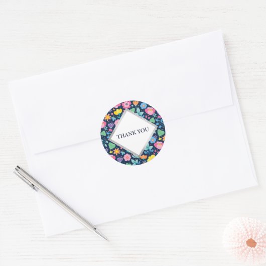 ネイビーブルーかわいい花ありがとうステッカー ラウンドシール (封筒)