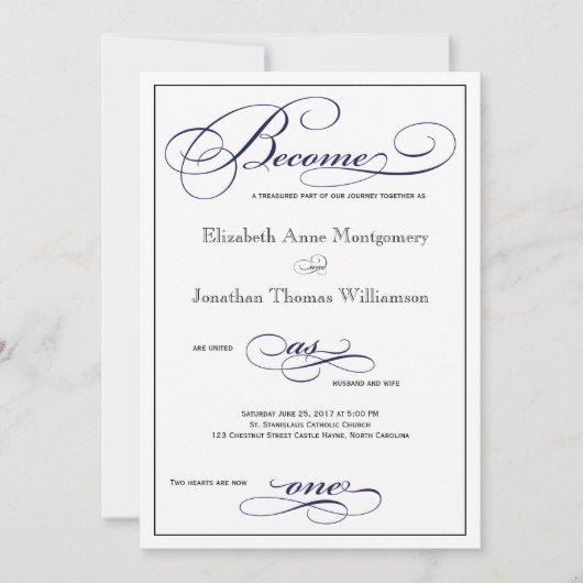 ネイビーブルーがワンスクリプト結婚式招待状 招待状 (正面)