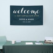 ネイビーブルーが歓迎の結婚後ずっと幸せに 横断幕 (トレードショー)