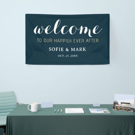 ネイビーブルーが歓迎の結婚後ずっと幸せに 横断幕 (トレードショー)