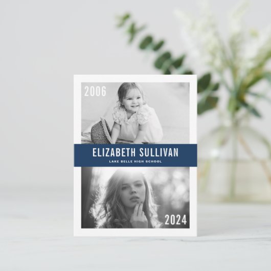 ネイビーブルーその後と今フォトコラージュ卒業 ポストカード (スタンド正面)