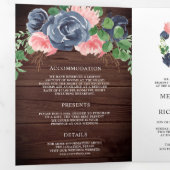 ネイビーブルーとくすんだピンクの花柄の納屋の木製の結婚式 三つ折り招待状 (内部最初)