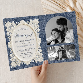 ネイビーブルーとアイボリーのドイリー レースの結婚式 オールドマネースタイル 招待状