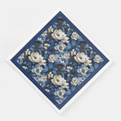 ネイビーブルーとアイボリーの花柄テーブルナプキン (コーナー)