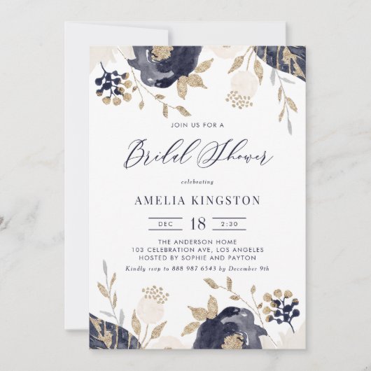 ネイビーブルーとアイボリーフラワーズ金ゴールドブライダルシャワー 招待状 (正面)