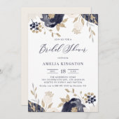 ネイビーブルーとアイボリーフラワーズ金ゴールドブライダルシャワー 招待状 (正面/裏面)