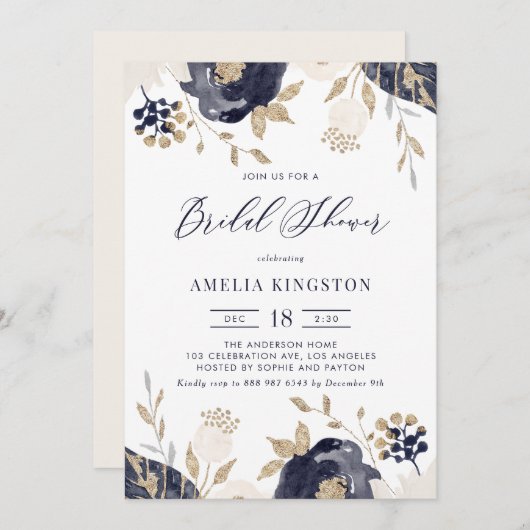 ネイビーブルーとアイボリーフラワーズ金ゴールドブライダルシャワー 招待状 (正面/裏面)