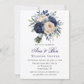 ネイビーブルーとアイボリーフローラウェディングシャワー 招待状 (正面)