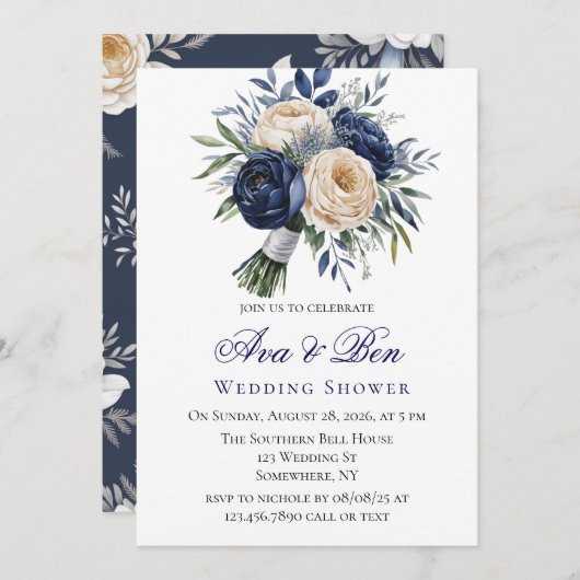 ネイビーブルーとアイボリーフローラウェディングシャワー 招待状 (正面/裏面)