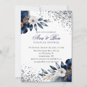ネイビーブルーとアイボリーフローラカップルのシャワー 招待状 (正面)