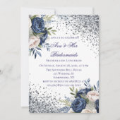 ネイビーブルーとアイボリーフローラブリデスメイドランチョン 招待状 (正面)