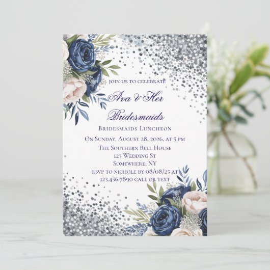 ネイビーブルーとアイボリーフローラブリデスメイドランチョン 招待状 (スタンド正面)