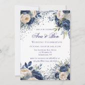 ネイビーブルーとアイボリー結婚フローラお祝い 招待状 (正面)