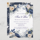 ネイビーブルーとアイボリー結婚フローラお祝い 招待状 (正面/裏面)