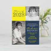 ネイビーブルーとイエローのクラシック2写真卒業 招待状 (スタンド正面)