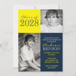 ネイビーブルーとイエローのクラシック2写真卒業 招待状