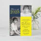 ネイビーブルーとイエローのクラシック2写真卒業 招待状 (スタンド正面)