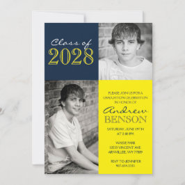 ネイビーブルーとイエローのクラシック2写真卒業 招待状