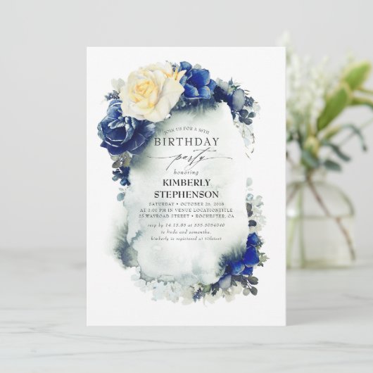 ネイビーブルーとイエローのフローラヴィンテージ誕生日 招待状 (スタンド正面)