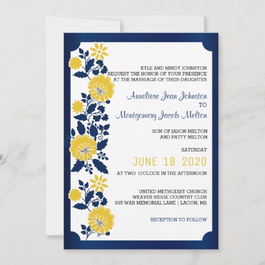 ネイビーブルーとイエローのフローラ結婚ズ 招待状 (正面)