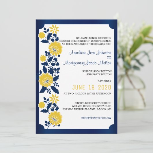 ネイビーブルーとイエローのフローラ結婚ズ 招待状 (スタンド正面)