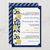 ネイビーブルーとイエローのフローラ結婚ズ 招待状 (正面/裏面)