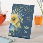 ネイビーブルーとイエローのフローラ金ゴールドテーブル番号 台座サイン (インサイチュ)