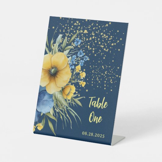 ネイビーブルーとイエローのフローラ金ゴールドテーブル番号 台座サイン (正面)