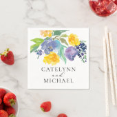 ネイビーブルーとイエローのフローラ エレガント スタンダードカクテルナプキン (インサイチュ)