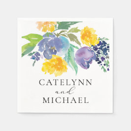 ネイビーブルーとイエローのフローラ エレガント スタンダードカクテルナプキン