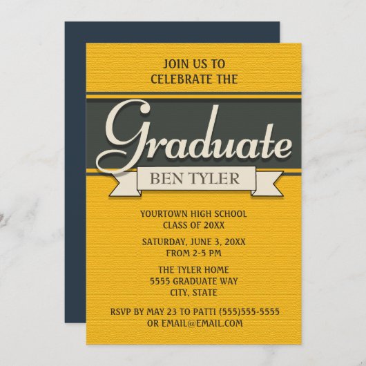 ネイビーブルーとイエローの卒業パーティー招待状 招待状 (正面/裏面)