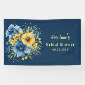 ネイビーブルーとイエローの花のゴールド ブライダルシャワー 横断幕 (横)