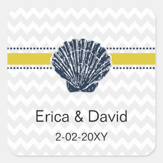 ネイビーブルーとイエローシーシェルの結婚文房具 スクエアシール (正面)