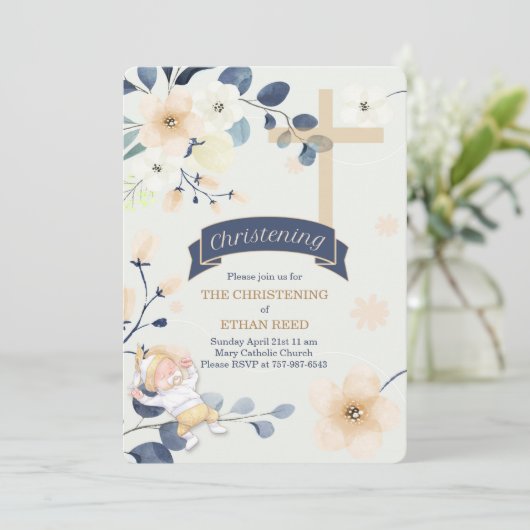 ネイビーブルーとイエローフラズクロス《キリスト教》洗礼式や命名式 招待状 (スタンド正面)