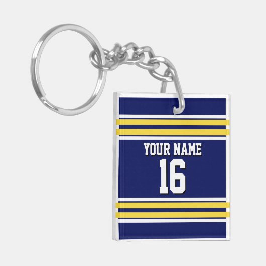 ネイビーブルーとイエローホワイトストライプズのチームジャージー キーホルダー (正面左)