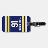 ネイビーブルーとイエローホワイトストライプズのチームジャージー ラゲッジタグ (正面横)