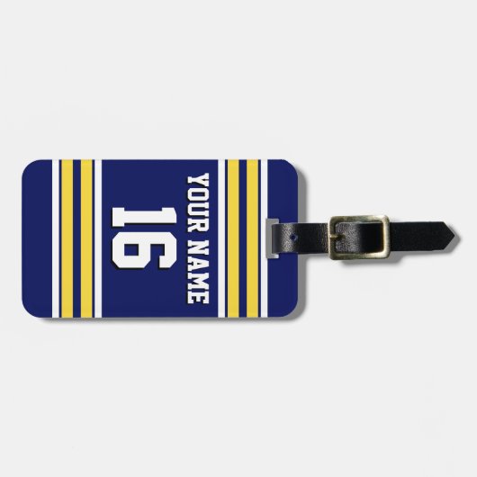 ネイビーブルーとイエローホワイトストライプズのチームジャージー ラゲッジタグ (正面横)