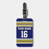 ネイビーブルーとイエローホワイトストライプズのチームジャージー ラゲッジタグ (正面縦)