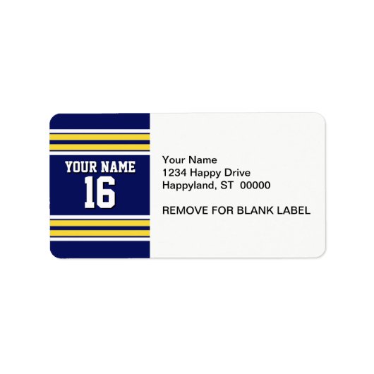 ネイビーブルーとイエローホワイトストライプズのチームジャージー ラベル (正面)