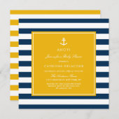 ネイビーブルーとイエロー航海ののストライプ赤ちゃんシャワー 招待状 (正面/裏面)