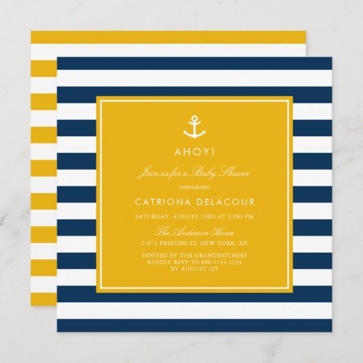 ネイビーブルーとイエロー航海ののストライプ赤ちゃんシャワー 招待状 (正面/裏面)