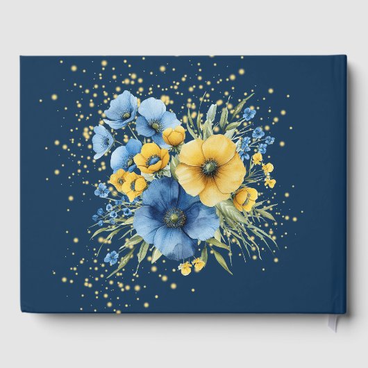 ネイビーブルーとイエロー花模様結婚金ゴールド ゲストブック (裏面)