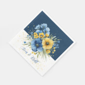 ネイビーブルーとイエロー花模様金ゴールド結婚グリッター スタンダードランチョンナプキン (角)