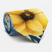 ネイビーブルーとイエロー花模様金ゴールド結婚グリッター ネクタイ (ロール)