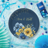 ネイビーブルーとイエロー花模様金ゴールド結婚グリッター ペーパープレート (パーティー)